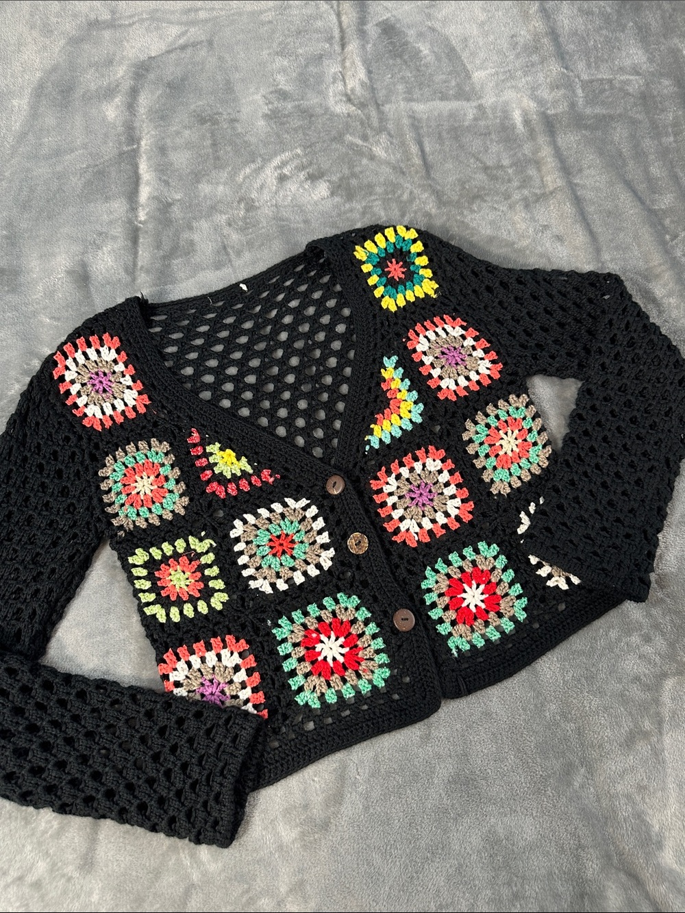 EUC Black Crochet Granny Square Cardigan Sweater - Multicolor Accents Sz M/L ??